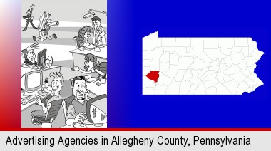 an advertising agency; Allegheny County highlighted in red on a map