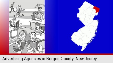 an advertising agency; Bergen County highlighted in red on a map