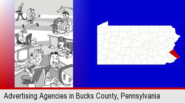 an advertising agency; Bucks County highlighted in red on a map