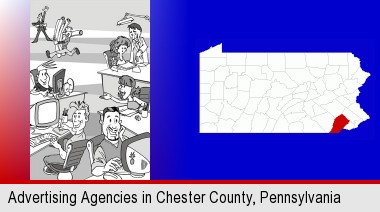 an advertising agency; Chester County highlighted in red on a map