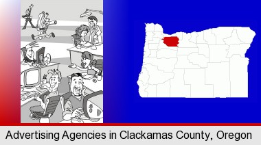 an advertising agency; Clackamas County highlighted in red on a map