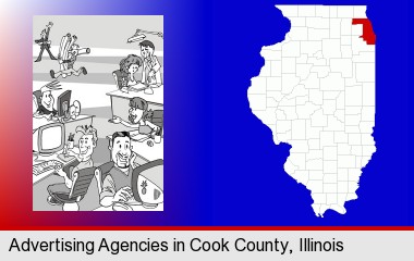 an advertising agency; Cook County highlighted in red on a map
