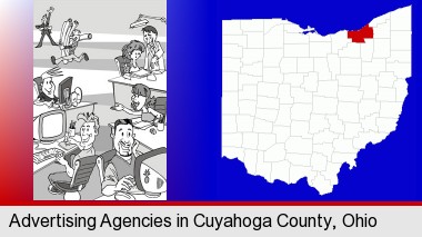 an advertising agency; Cuyahoga County highlighted in red on a map