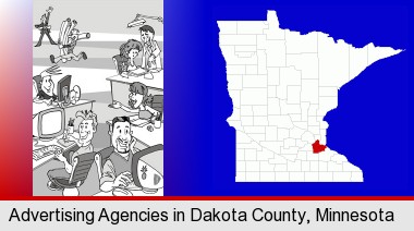 an advertising agency; Dakota County highlighted in red on a map