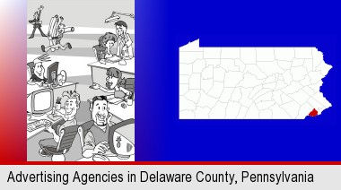 an advertising agency; Delaware County highlighted in red on a map