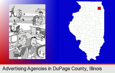 an advertising agency; DuPage County highlighted in red on a map
