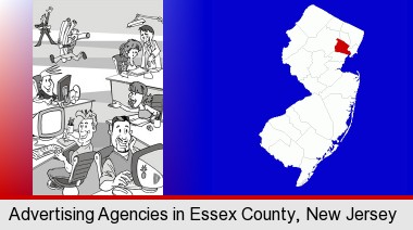 an advertising agency; Essex County highlighted in red on a map