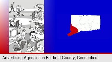 an advertising agency; Fairfield County highlighted in red on a map