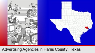 an advertising agency; Harris County highlighted in red on a map