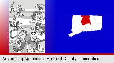 an advertising agency; Hartford County highlighted in red on a map