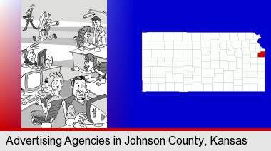 an advertising agency; Johnson County highlighted in red on a map