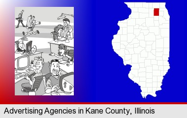 an advertising agency; Kane County highlighted in red on a map