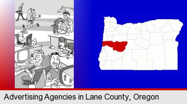 an advertising agency; Lane County highlighted in red on a map