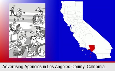 an advertising agency; Los Angeles County highlighted in red on a map