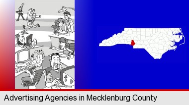 an advertising agency; Mecklenburg County highlighted in red on a map