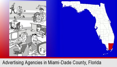 an advertising agency; Miami-Dade County highlighted in red on a map