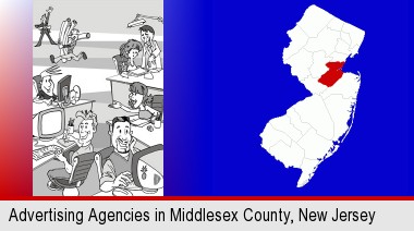 an advertising agency; Middlesex County highlighted in red on a map