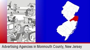 an advertising agency; Monmouth County highlighted in red on a map