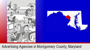 an advertising agency; Montgomery County highlighted in red on a map