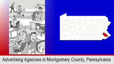 an advertising agency; Montgomery County highlighted in red on a map