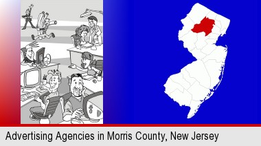 an advertising agency; Morris County highlighted in red on a map