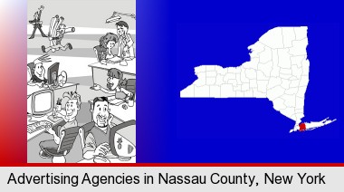 an advertising agency; Nassau County highlighted in red on a map