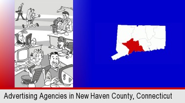 an advertising agency; New Haven County highlighted in red on a map