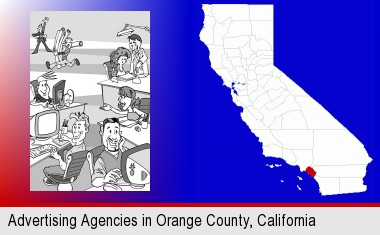 an advertising agency; Orange County highlighted in red on a map