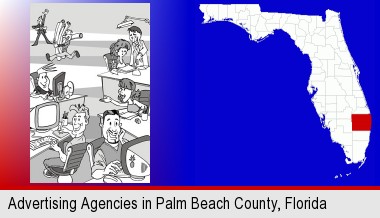 an advertising agency; Palm Beach County highlighted in red on a map