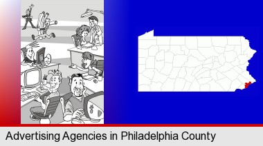 an advertising agency; Philadelphia County highlighted in red on a map