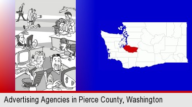 an advertising agency; Pierce County highlighted in red on a map
