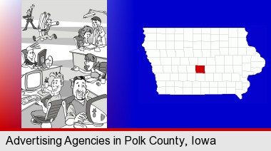 an advertising agency; Polk County highlighted in red on a map