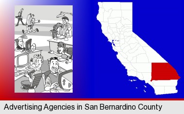 an advertising agency; San Bernardino County highlighted in red on a map