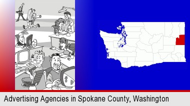 an advertising agency; Spokane County highlighted in red on a map