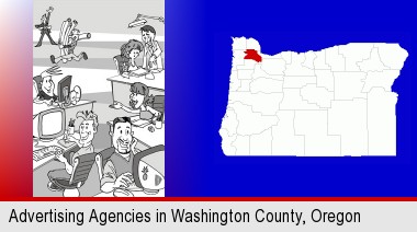 an advertising agency; Washington County highlighted in red on a map