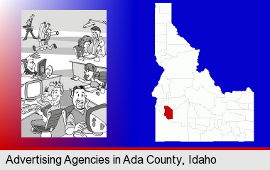 an advertising agency; Ada County highlighted in red on a map