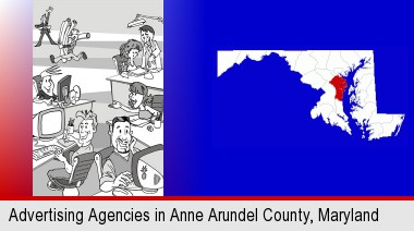 an advertising agency; Anne Arundel County highlighted in red on a map
