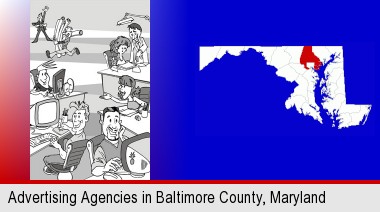 an advertising agency; Baltimore County highlighted in red on a map