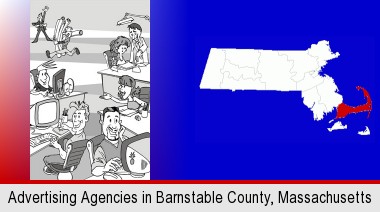 an advertising agency; Barnstable County highlighted in red on a map