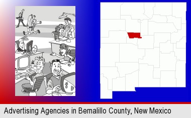 an advertising agency; Bernalillo County highlighted in red on a map