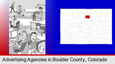 an advertising agency; Boulder County highlighted in red on a map