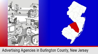 an advertising agency; Burlington County highlighted in red on a map