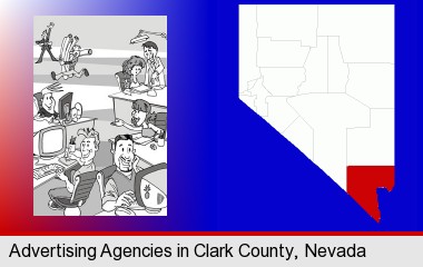 an advertising agency; Clark County highlighted in red on a map