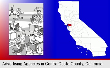 an advertising agency; Contra Costa County highlighted in red on a map