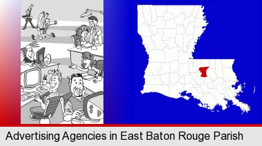 an advertising agency; East Baton Rouge Parish highlighted in red on a map