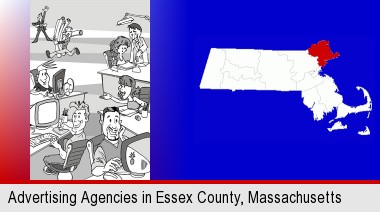 an advertising agency; Essex County highlighted in red on a map