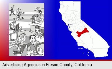 an advertising agency; Fresno County highlighted in red on a map