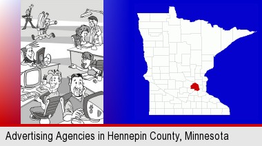 an advertising agency; Hennepin County highlighted in red on a map