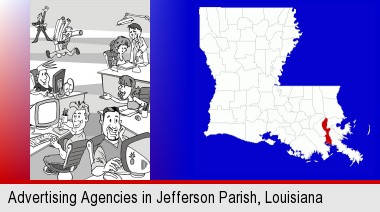 an advertising agency; Jefferson Parish highlighted in red on a map