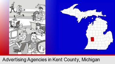 an advertising agency; Kent County highlighted in red on a map